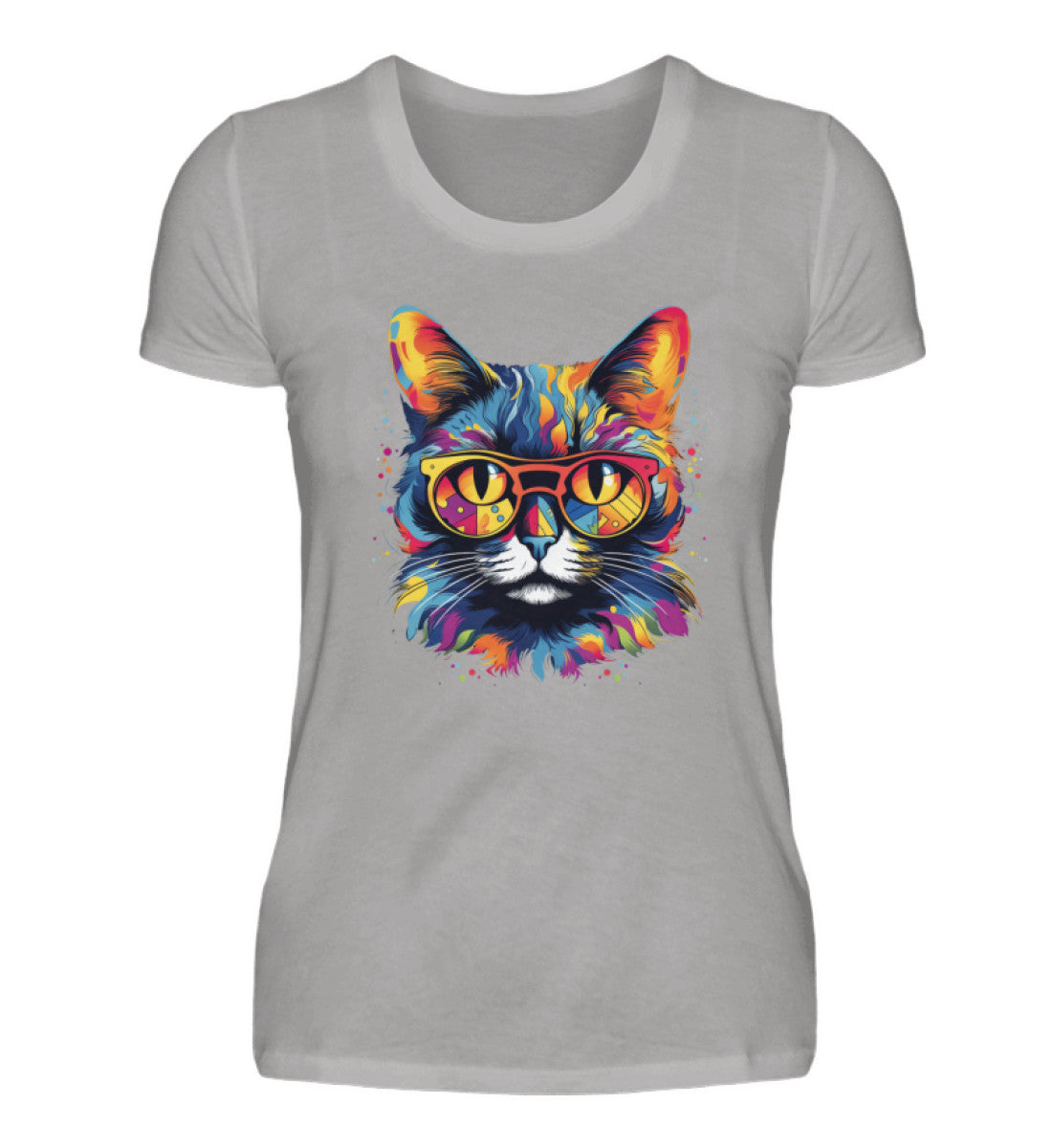 Kunterbunte Katze Damen Premium Katzen TShirt DGrau Meliert-2998