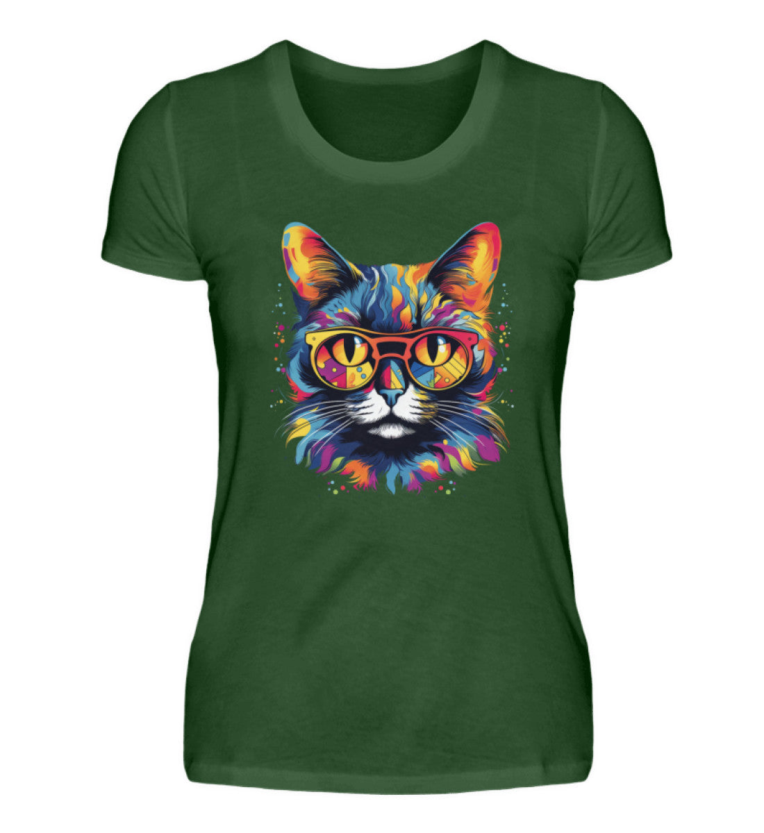 Kunterbunte Katze Damen Premium Katzen TShirt DDark Green-2936