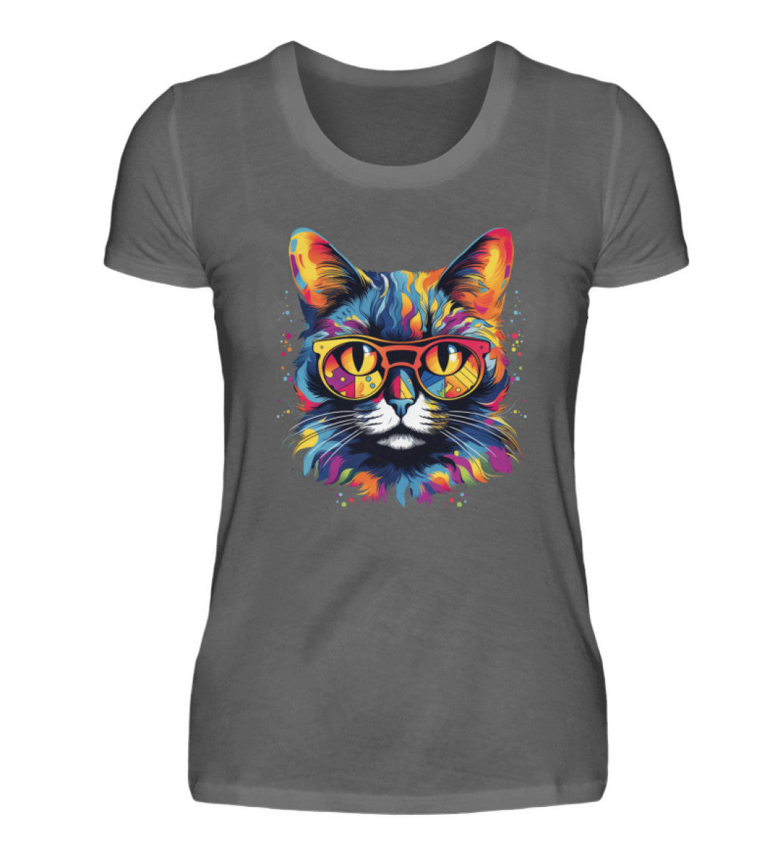 Kunterbunte Katze Damen Premium Katzen TShirt Dunkelgrau-627