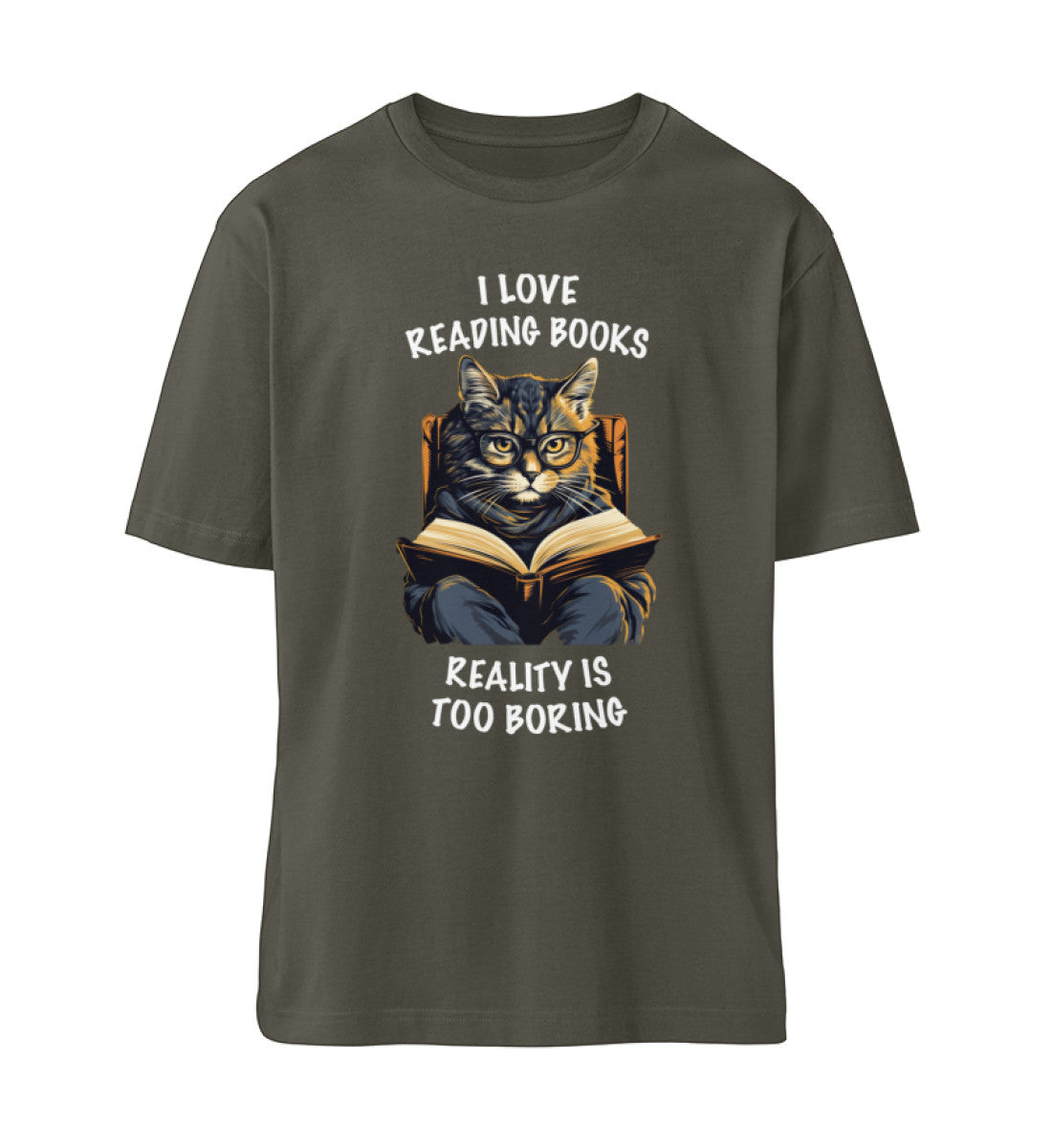 I love reading books Katzen TShirt Oversized Khaki-7072